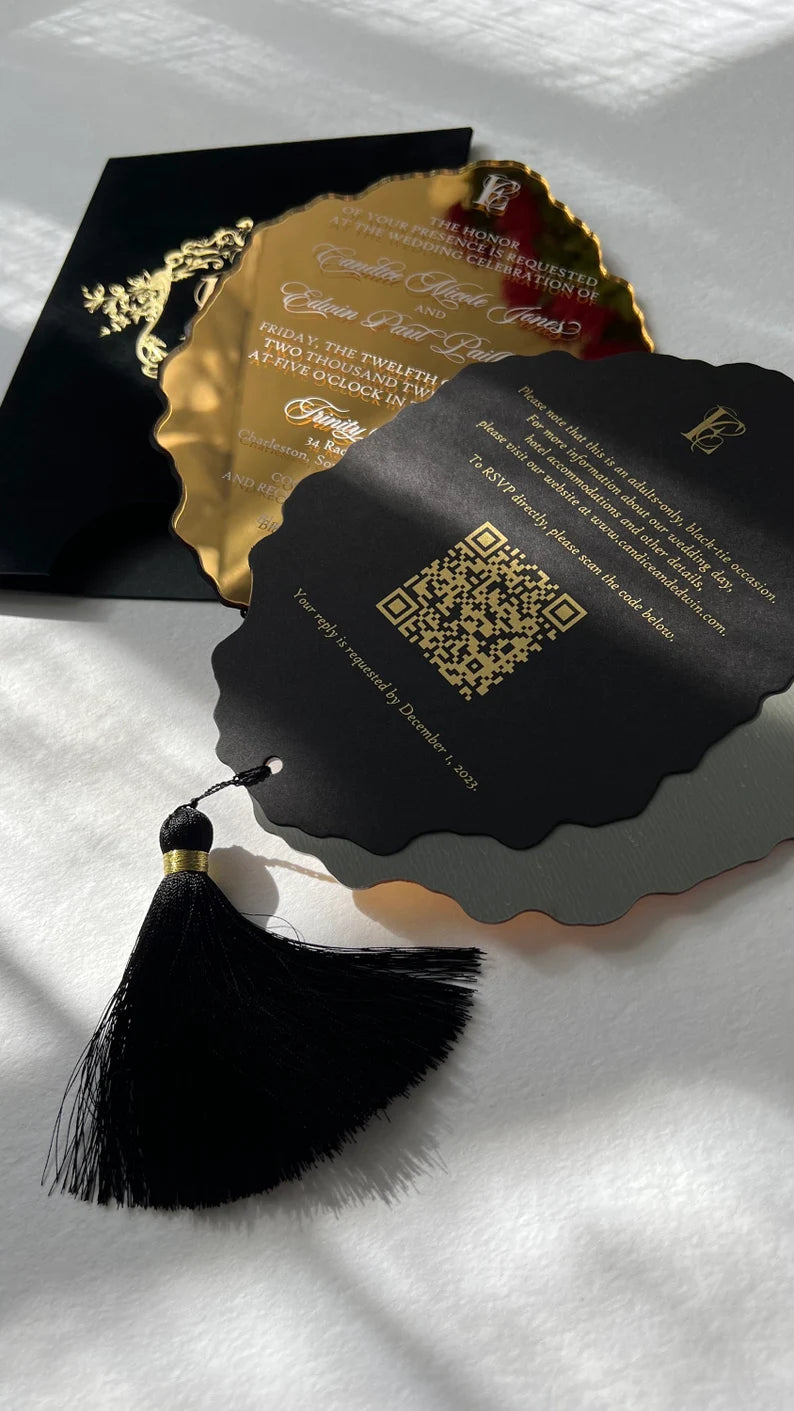 Black Velvet Suede Invitations with Gold Mirror Acrylic and Tassel