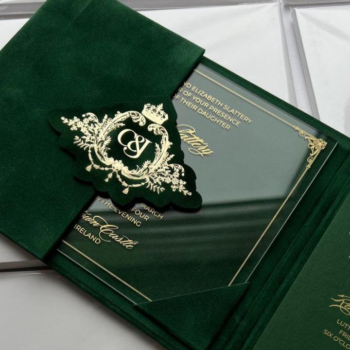 Green Emerald Velvet Pocket Wedding Invitation Suite