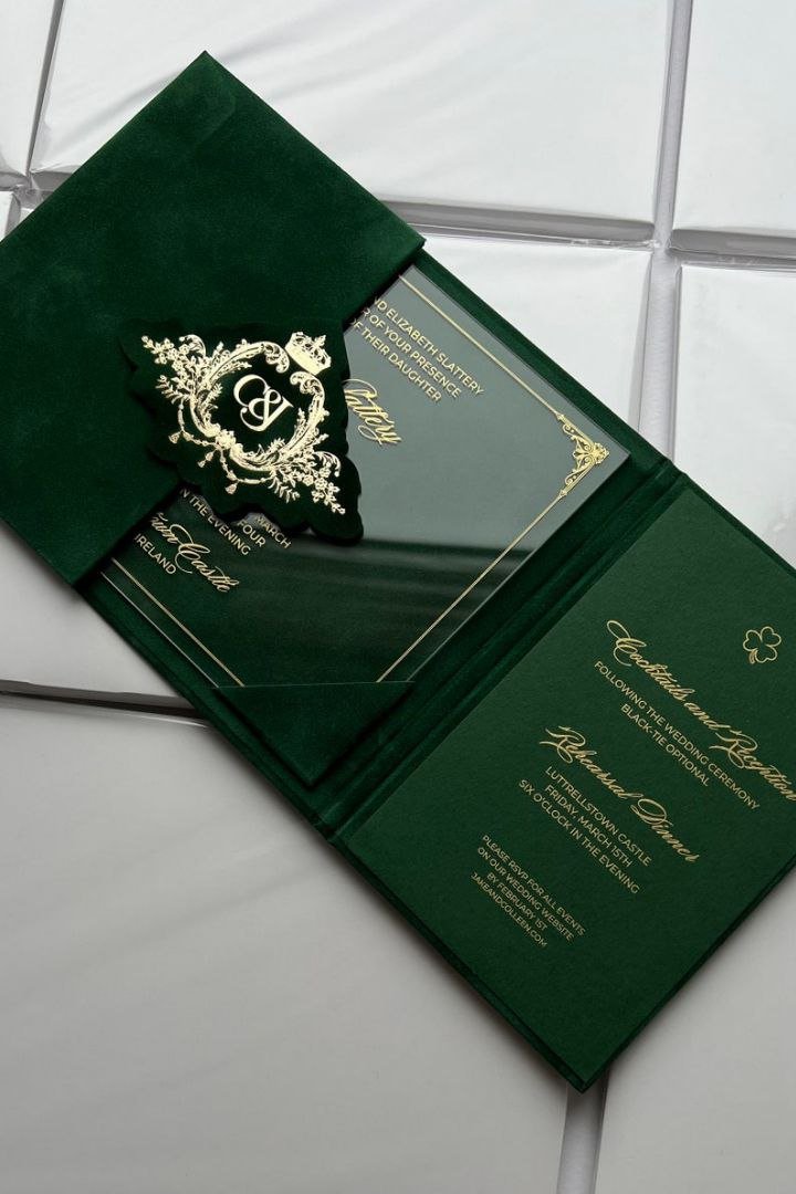 Green Emerald Velvet Pocket Wedding Invitation Suite