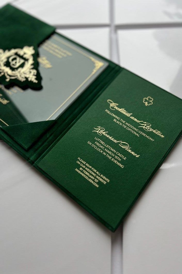 Green Emerald Velvet Pocket Wedding Invitation Suite