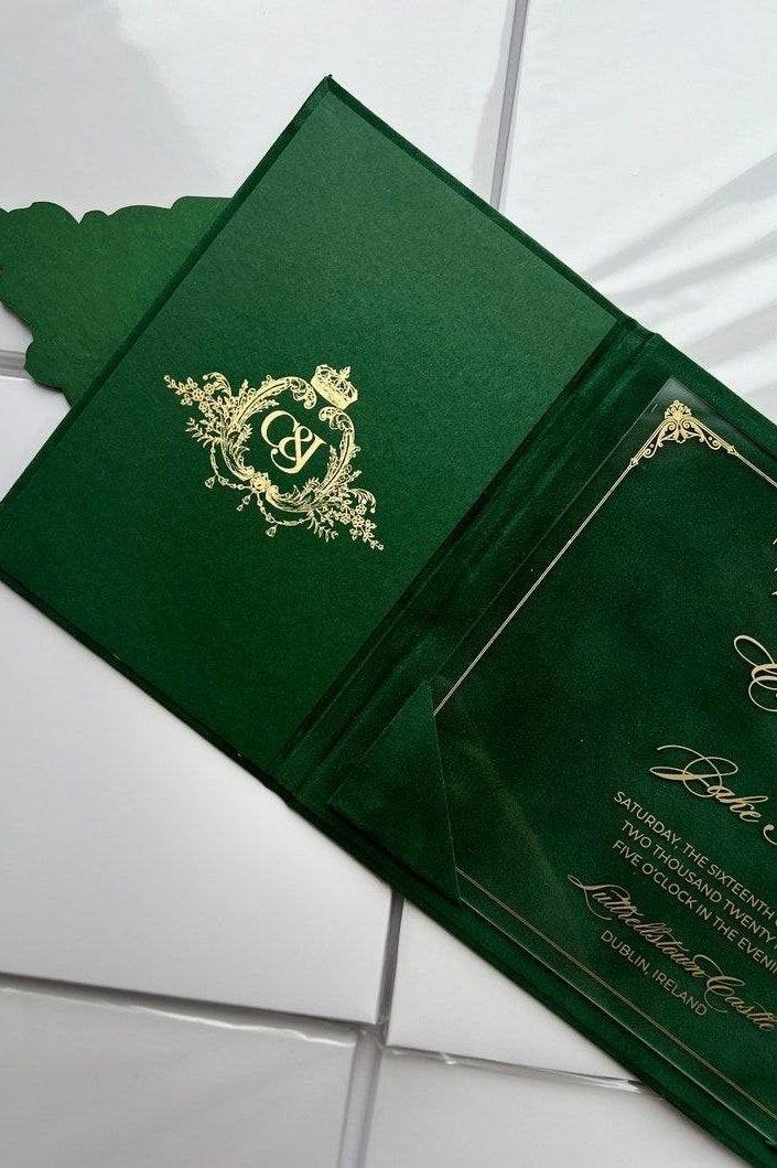 Green Emerald Velvet Pocket Wedding Invitation Suite