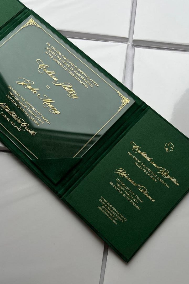 Green Emerald Velvet Pocket Wedding Invitation Suite