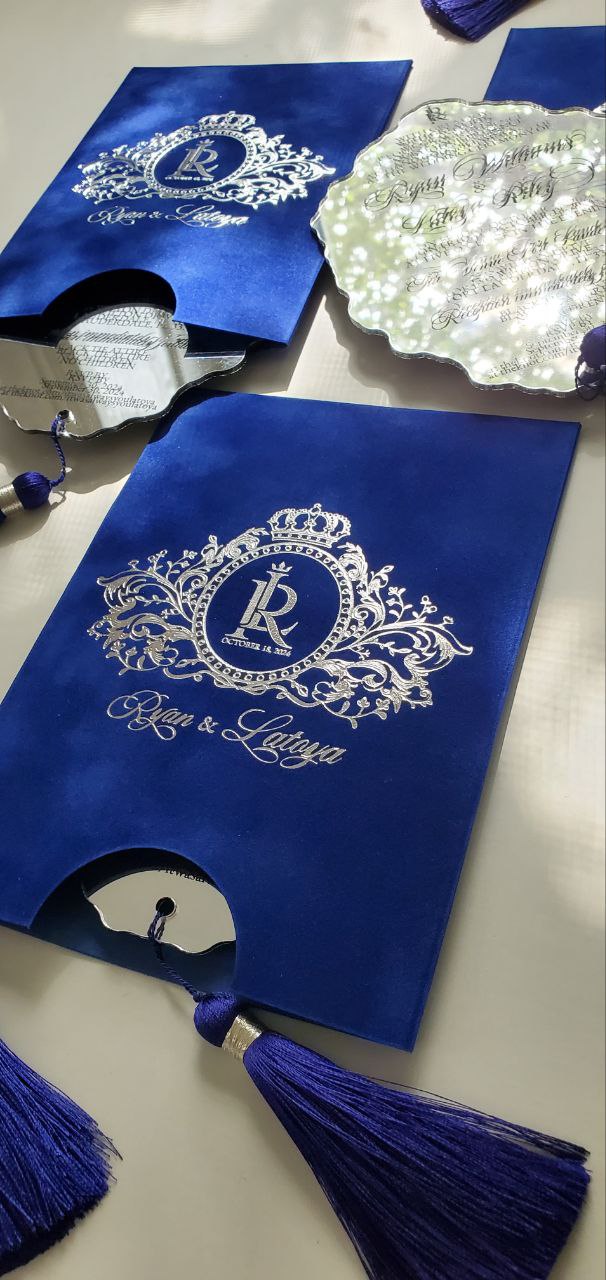 Custom Royal Blue Velvet Suede Invitations