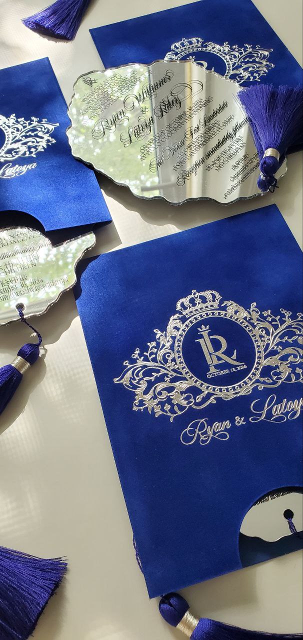 Custom Royal Blue Velvet Suede Invitations