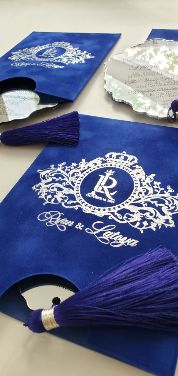 Custom Royal Blue Velvet Suede Invitations