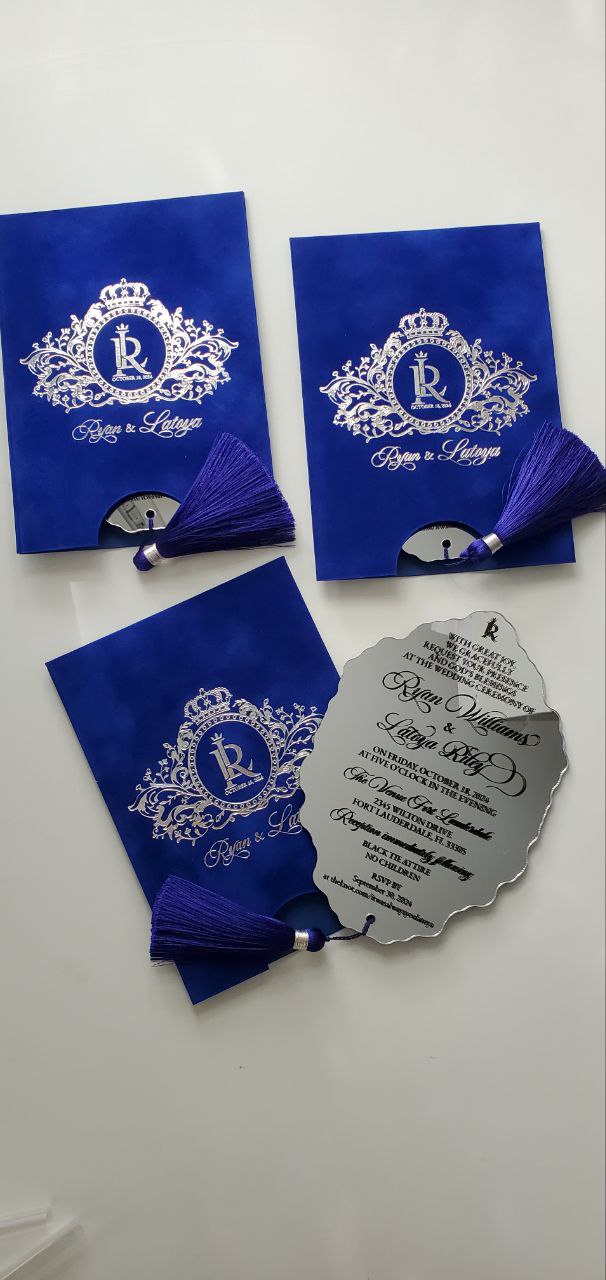 Custom Royal Blue Velvet Suede Invitations