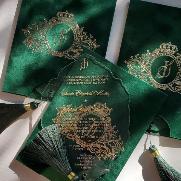 Green Emerald Velvet Suede Invitations