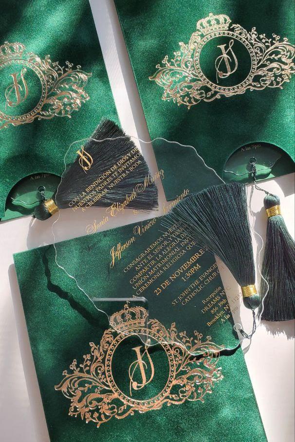 Green Emerald Velvet Suede Invitations