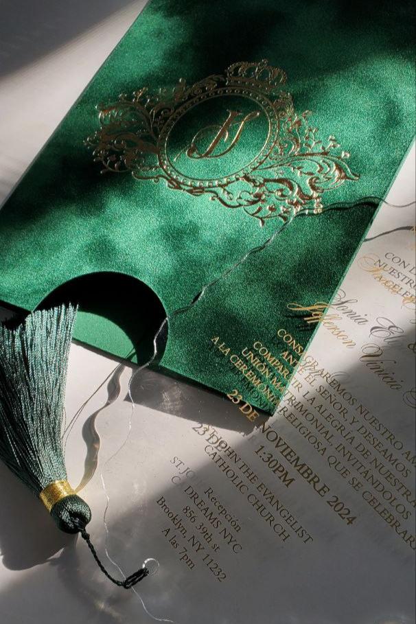 Green Emerald Velvet Suede Invitations