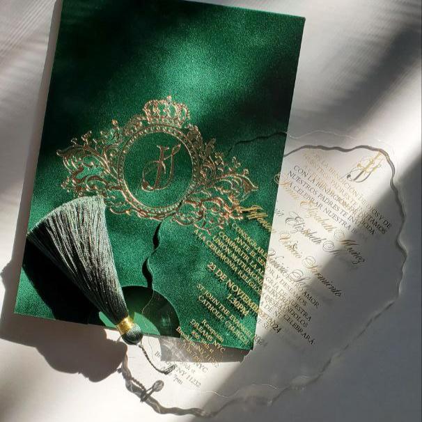 Green Emerald Velvet Suede Invitations