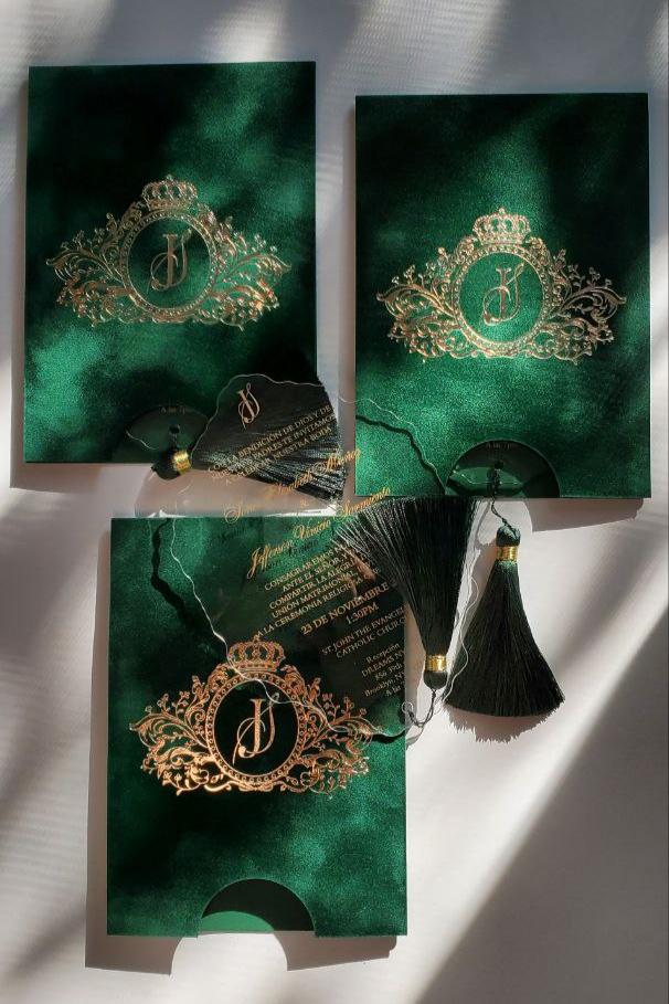 Green Emerald Velvet Suede Invitations