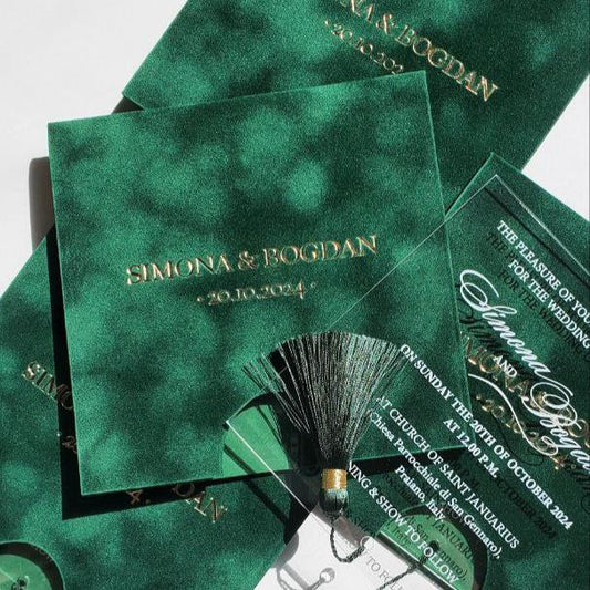 Green Emerald Velvet Suede Invitations with Mirror Acrylic and Tassel