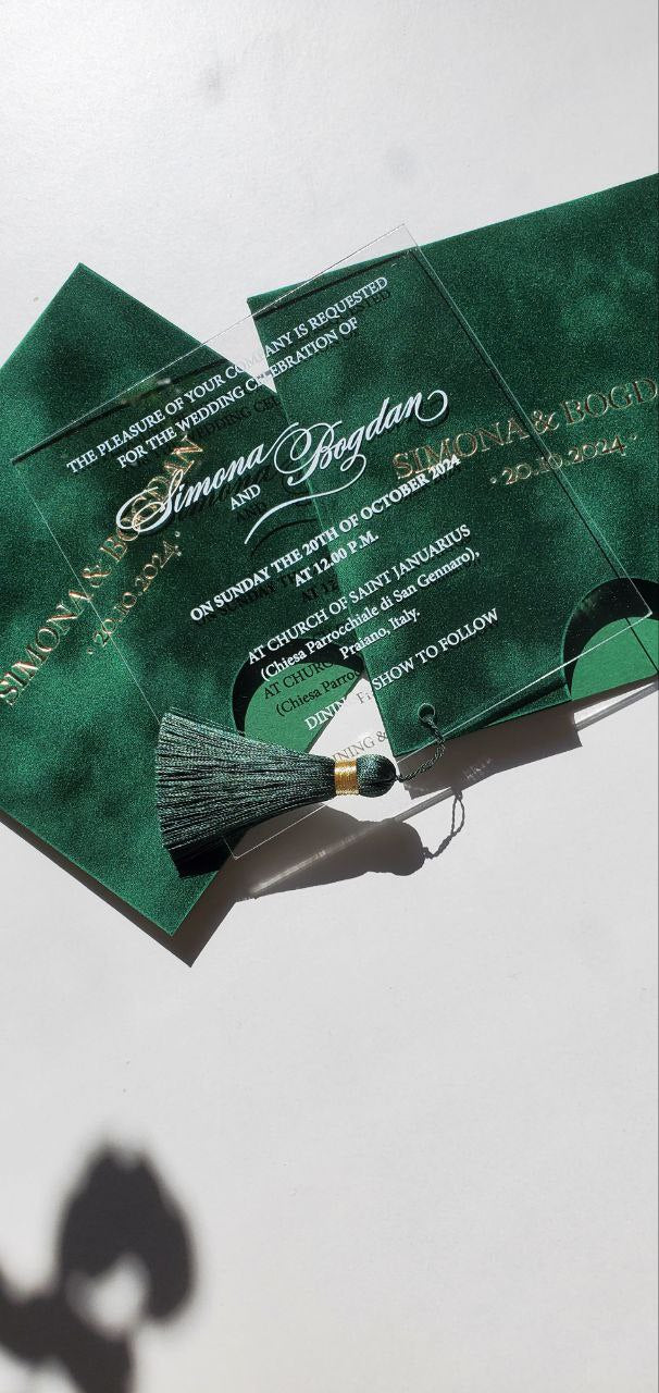 Green Emerald Velvet Suede Invitations with Mirror Acrylic and Tassel