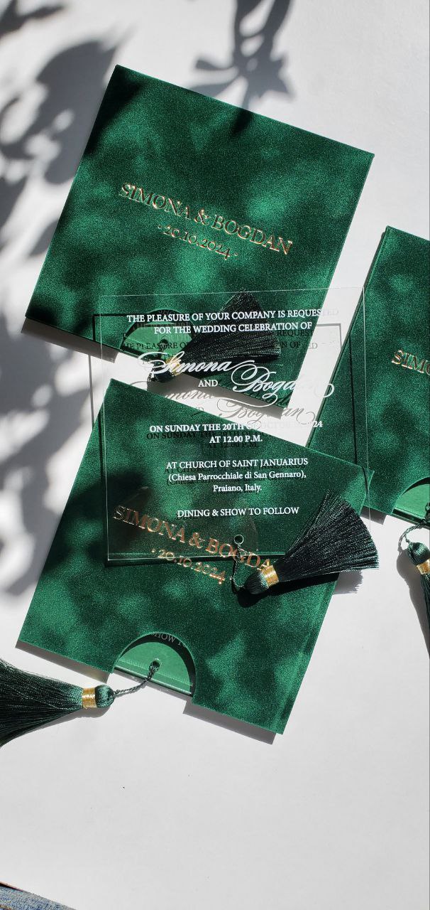 Green Emerald Velvet Suede Invitations with Mirror Acrylic and Tassel