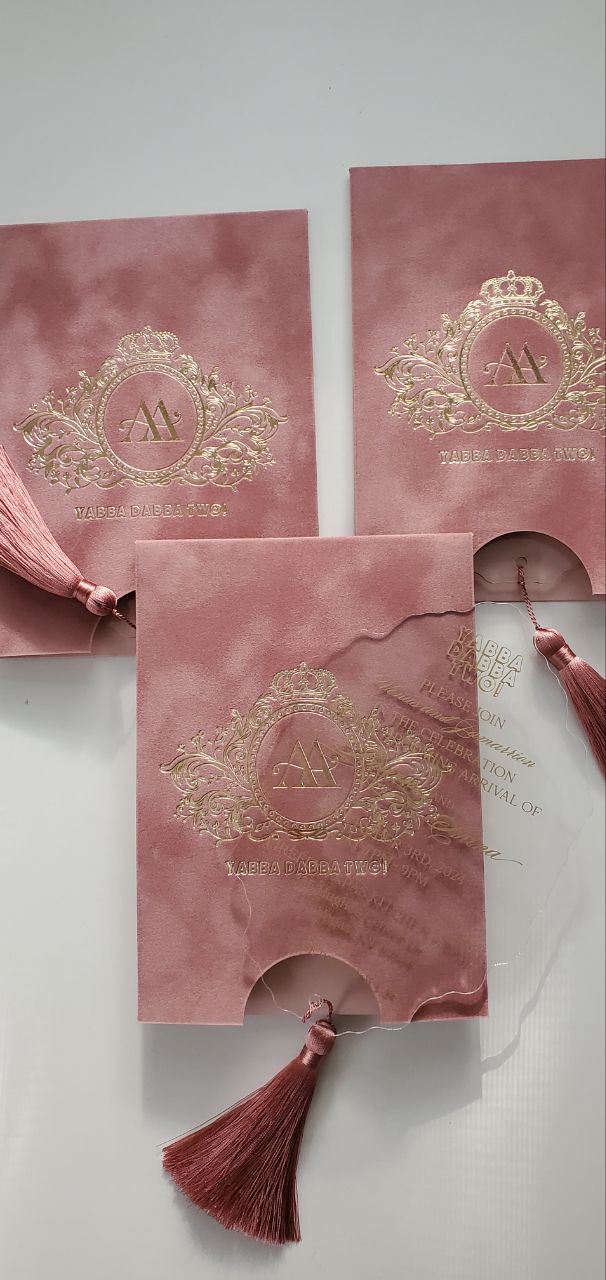 Custom Pink Velvet Suede Invitations with Mirror Acrylic and Tassel