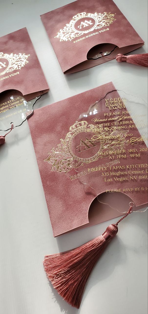 Custom Pink Velvet Suede Invitations with Mirror Acrylic and Tassel