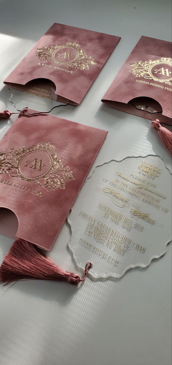 Custom Pink Velvet Suede Invitations with Mirror Acrylic and Tassel