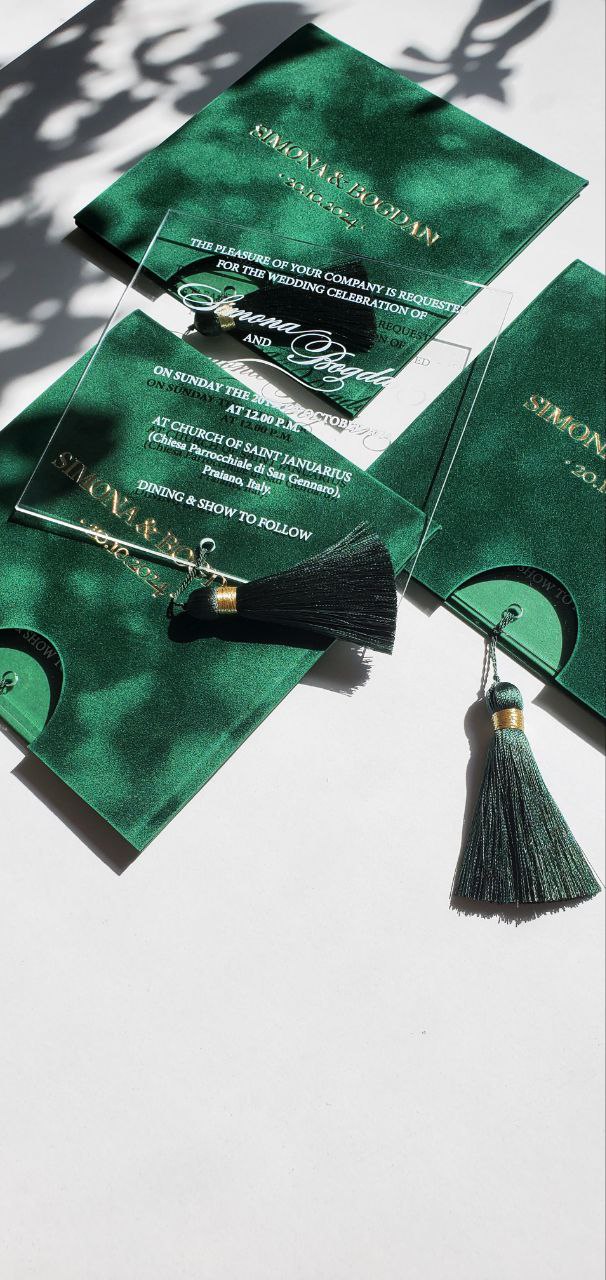 Green Emerald Velvet Suede Invitations with Mirror Acrylic and Tassel