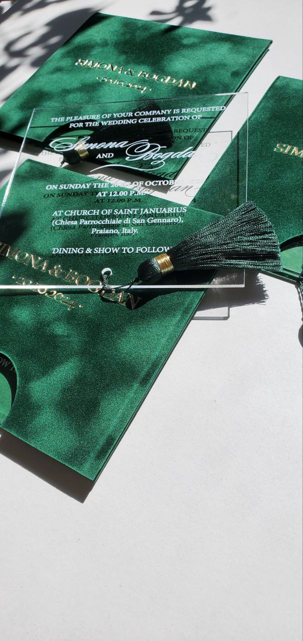 Green Emerald Velvet Suede Invitations with Mirror Acrylic and Tassel