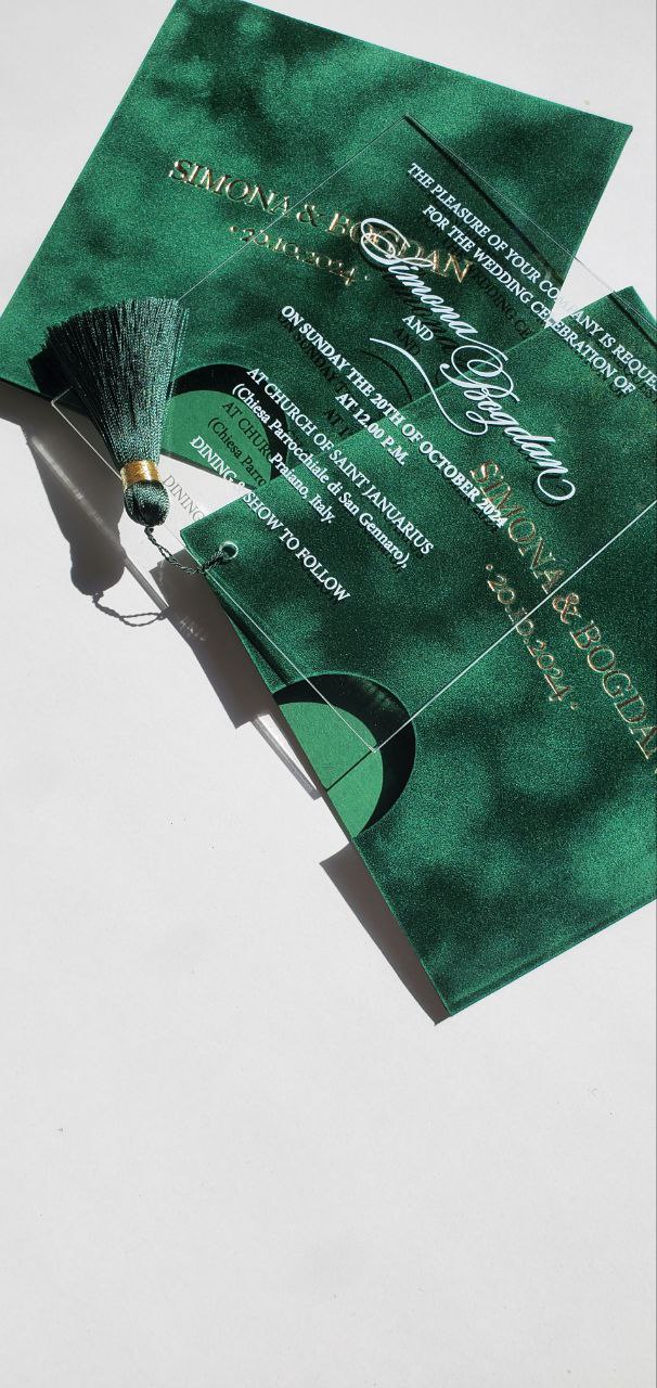 Green Emerald Velvet Suede Invitations with Mirror Acrylic and Tassel