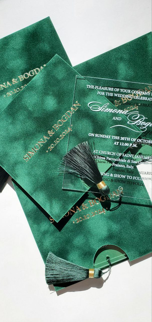 Green Emerald Velvet Suede Invitations with Mirror Acrylic and Tassel