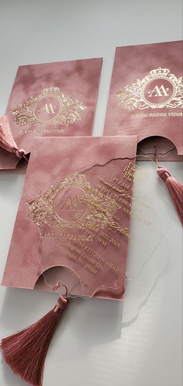 Custom Pink Velvet Suede Invitations with Mirror Acrylic and Tassel