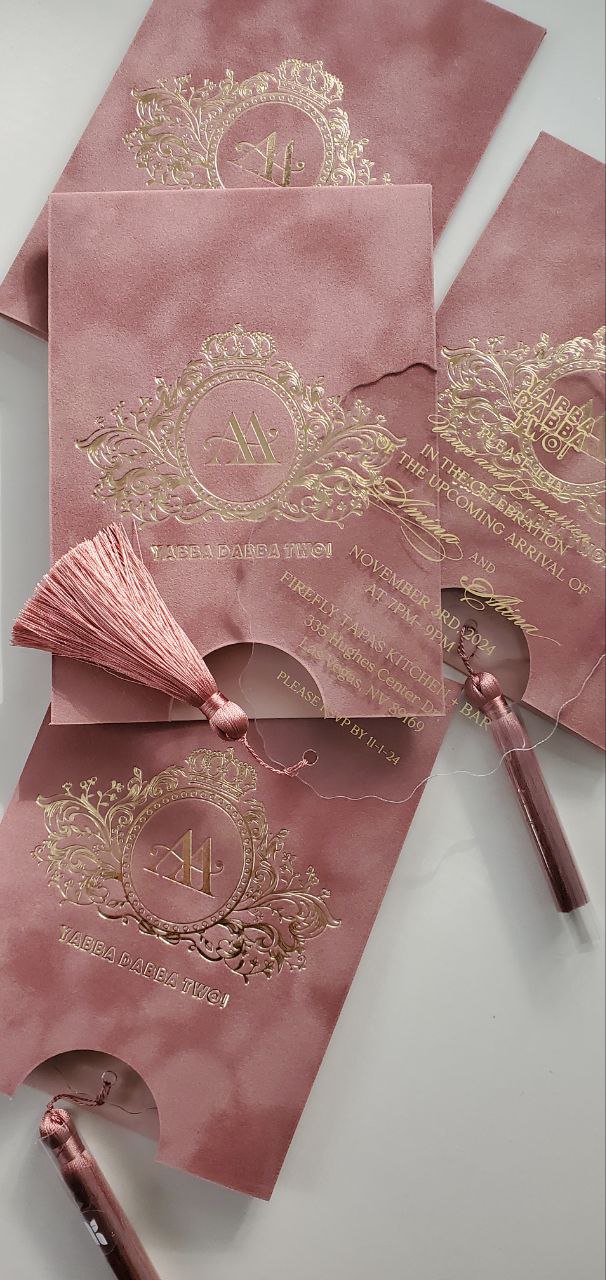 Custom Pink Velvet Suede Invitations with Mirror Acrylic and Tassel