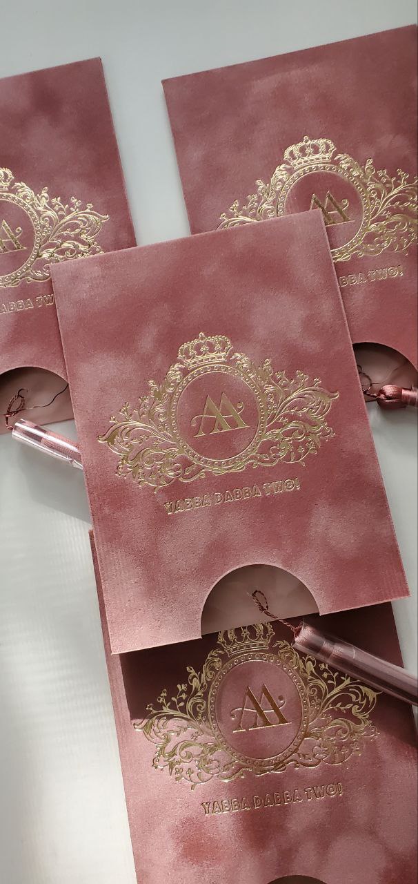 Custom Pink Velvet Suede Invitations with Mirror Acrylic and Tassel