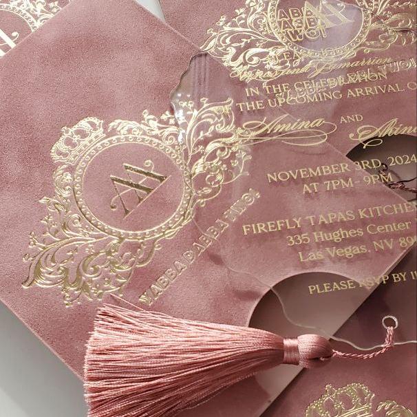 Custom Pink Velvet Suede Invitations with Mirror Acrylic and Tassel