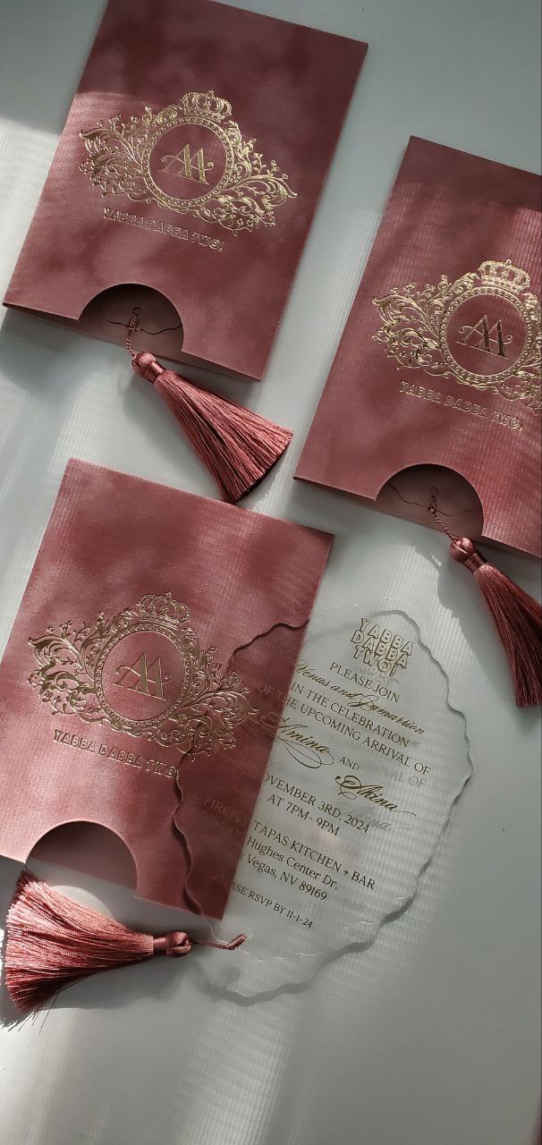 Custom Pink Velvet Suede Invitations with Mirror Acrylic and Tassel